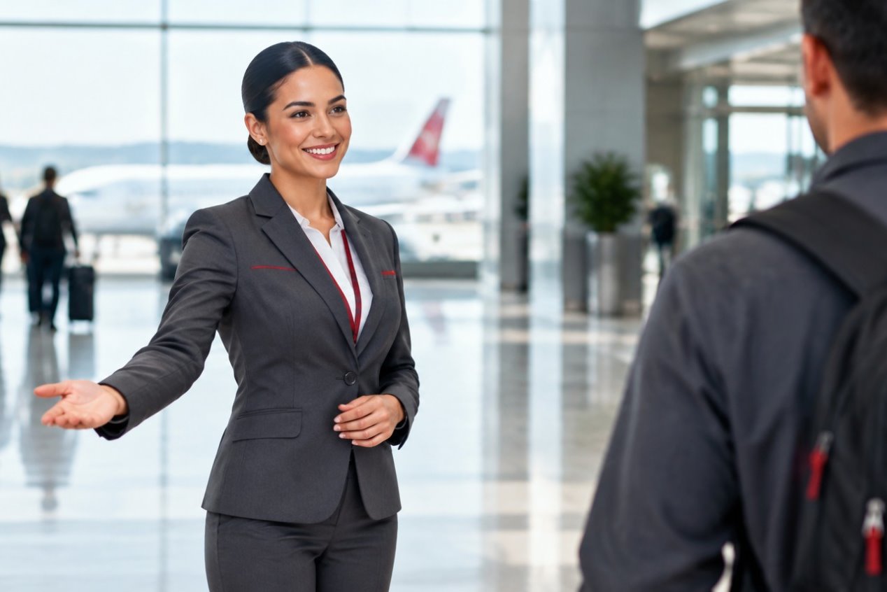 Recepcionista H&F recebendo técnico no saguão do aeroporto