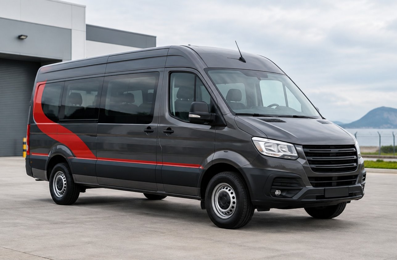 Van executiva da frota H&F estacionada em frente ao galpão